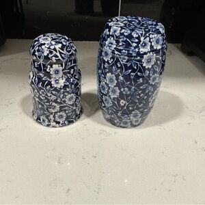 Vintage MCM calico pepper and salt shaker set of 2 blue white floral England